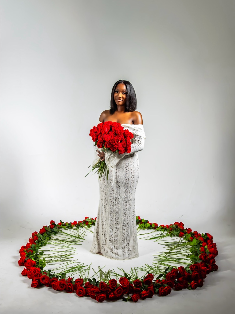 Nordstrom Off-Shoulder White Lace Gown with Red Rose Bouquet